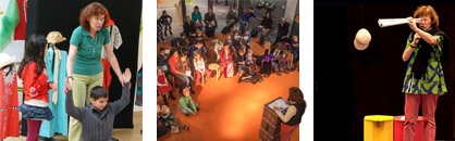 Fotos zum Workshop: Literarische Texte und Geschichten lebendig gestalten. Sylvia Schopf beim fantasievollen Erzählen und bei der Interaktion mit Publikum.